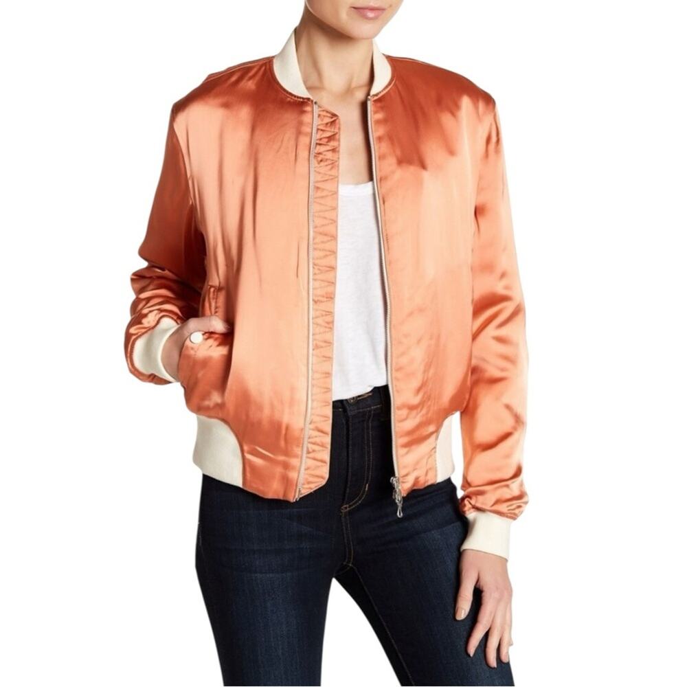 Rag & Bone Peach Satin Bomber Jacket Cropped Orange Zip Front Streetwear XS